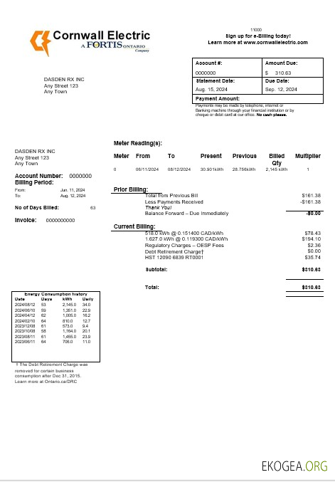 Modèle de facture de services publics d'entreprise USA Cornwall Electric aux formats Word et PDF